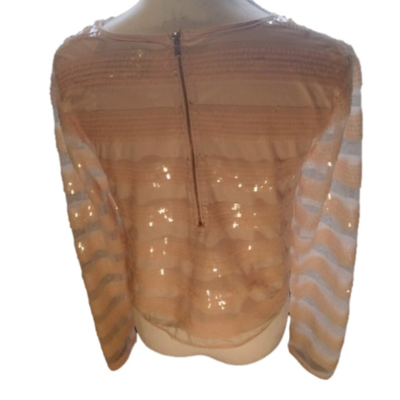 MINKPINK Sequin Peach Top Long Sheer Sleeve Zip Back Size Medium - Picture 4 of 6